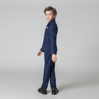 ly1218 Navy Plaid Wedding Formal 5 Piece Boys Suits