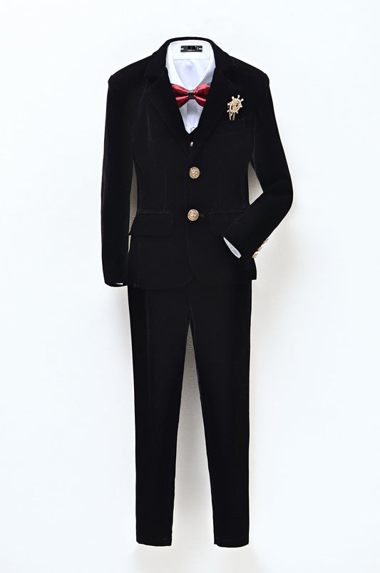 ly1596 Black Velvet 3 Piece Boy's Formal Boys Suits With Jacket Vest Pants