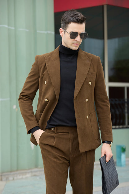 ly2765 Double Breasted Peak Lapel Corduroy Suit 2 Pieces Men's Suits Jacket+Pants