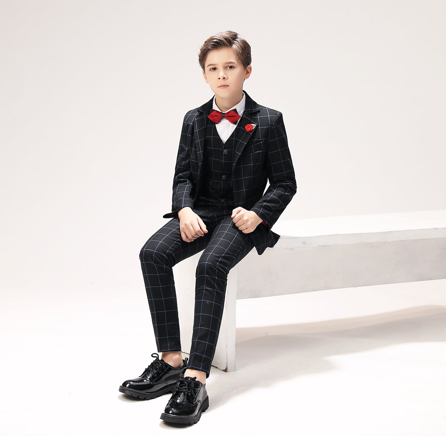 ly1260 Navy Plaid Elegant 5 Piece Boys Suits