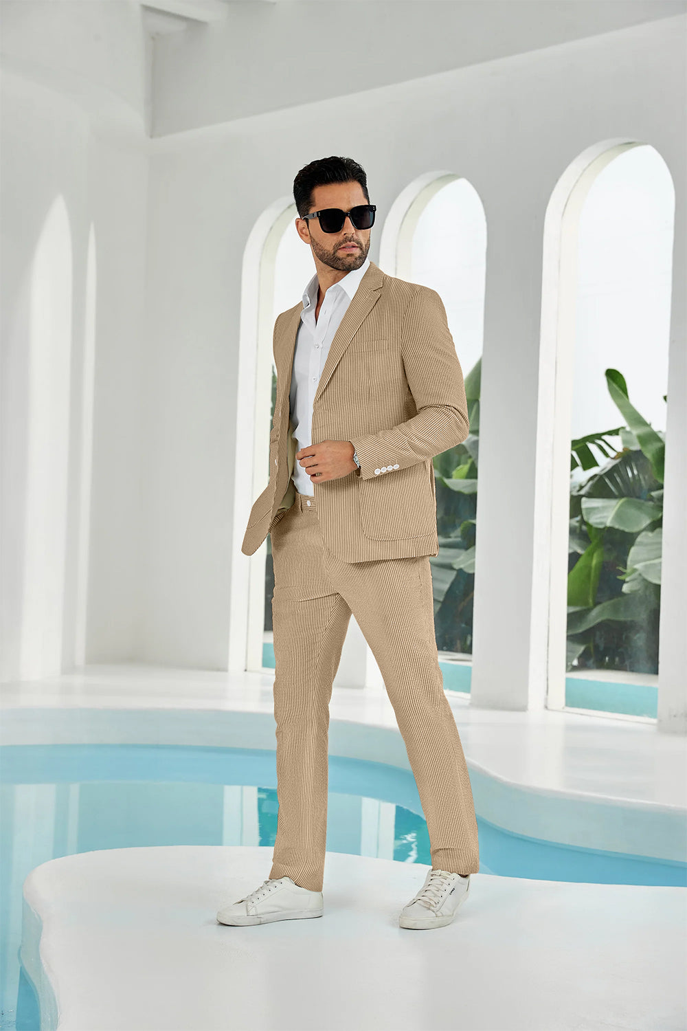 ly1114 Seersucker Striped Blazer Pants 2 Piece Men's Summer Suit