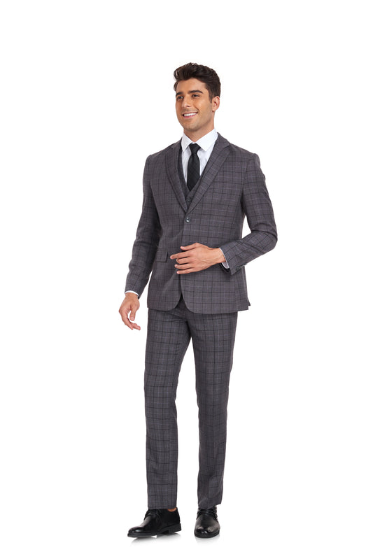 Grey Plaid Men's 3 Piece Set for Party, Wedding and Business