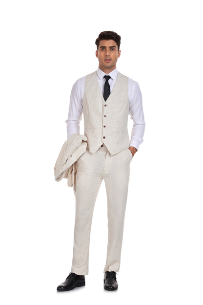 ly1174 Beige Retro Linen Beach Wedding Summer 3 Pieces Men Suits