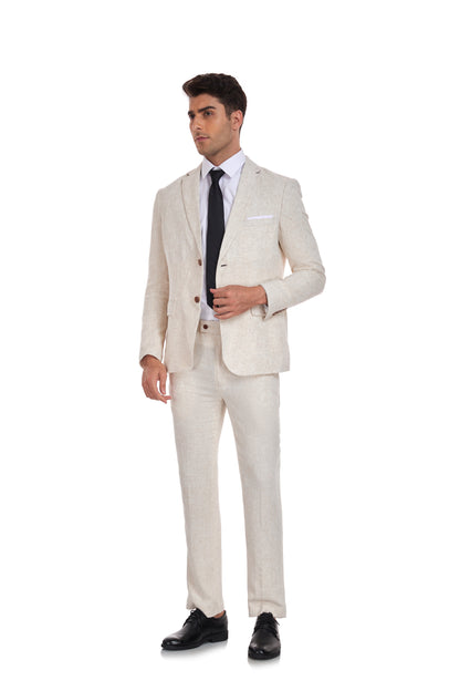 ly1174 Beige Retro Linen Beach Wedding Summer 3 Pieces Men Suits