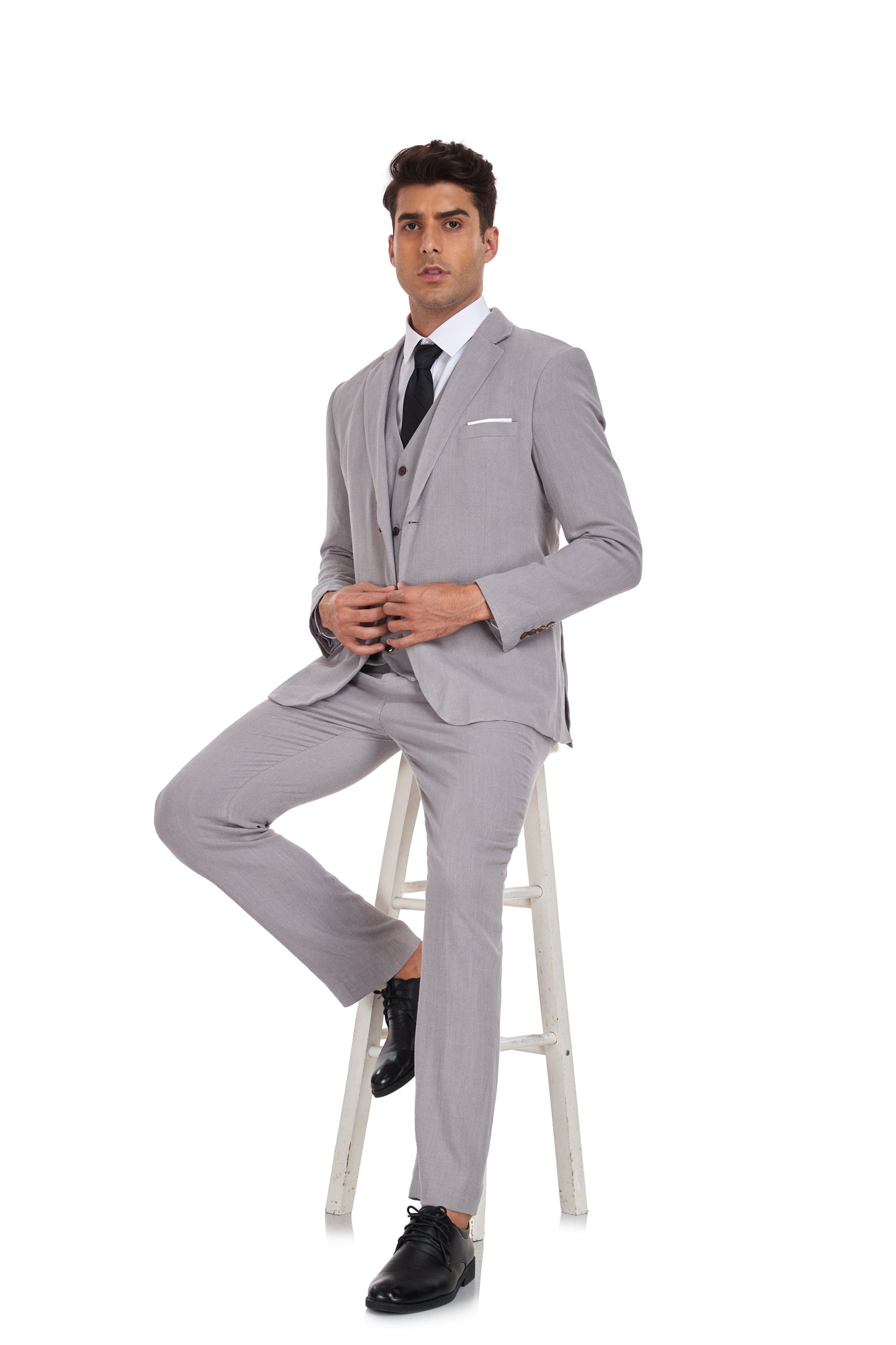 ly1173 Grey Retro Linen Beach Wedding Summer 3 Pieces Men Suits