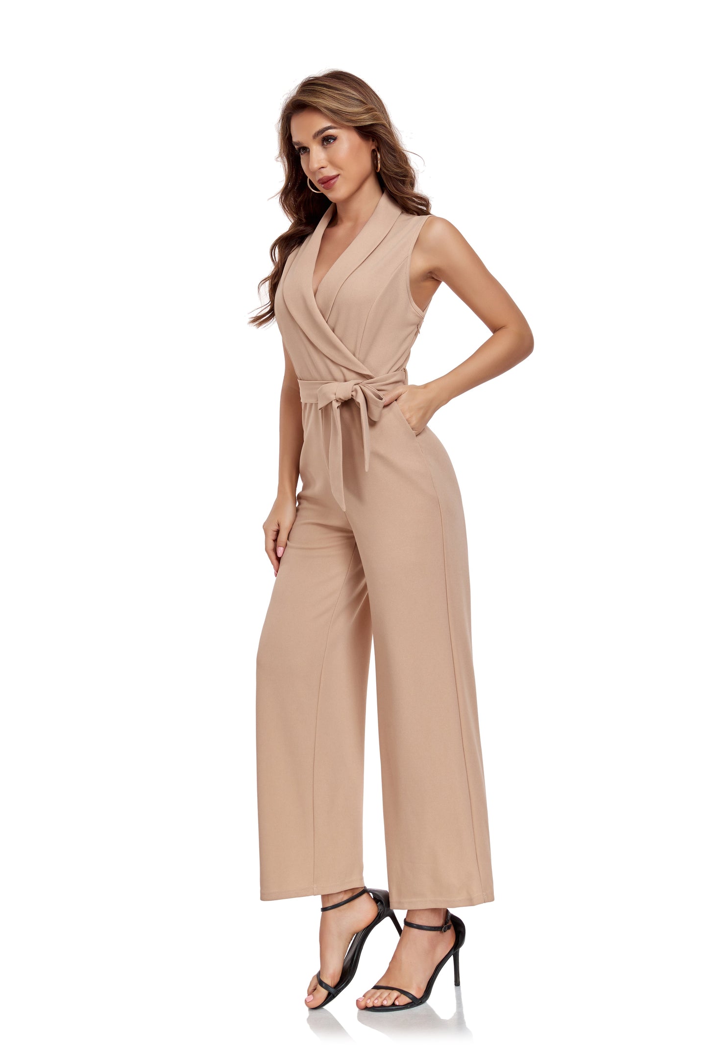 ly1381 Champagne Women’s Sleeveless High Waist Wide Leg  Romper