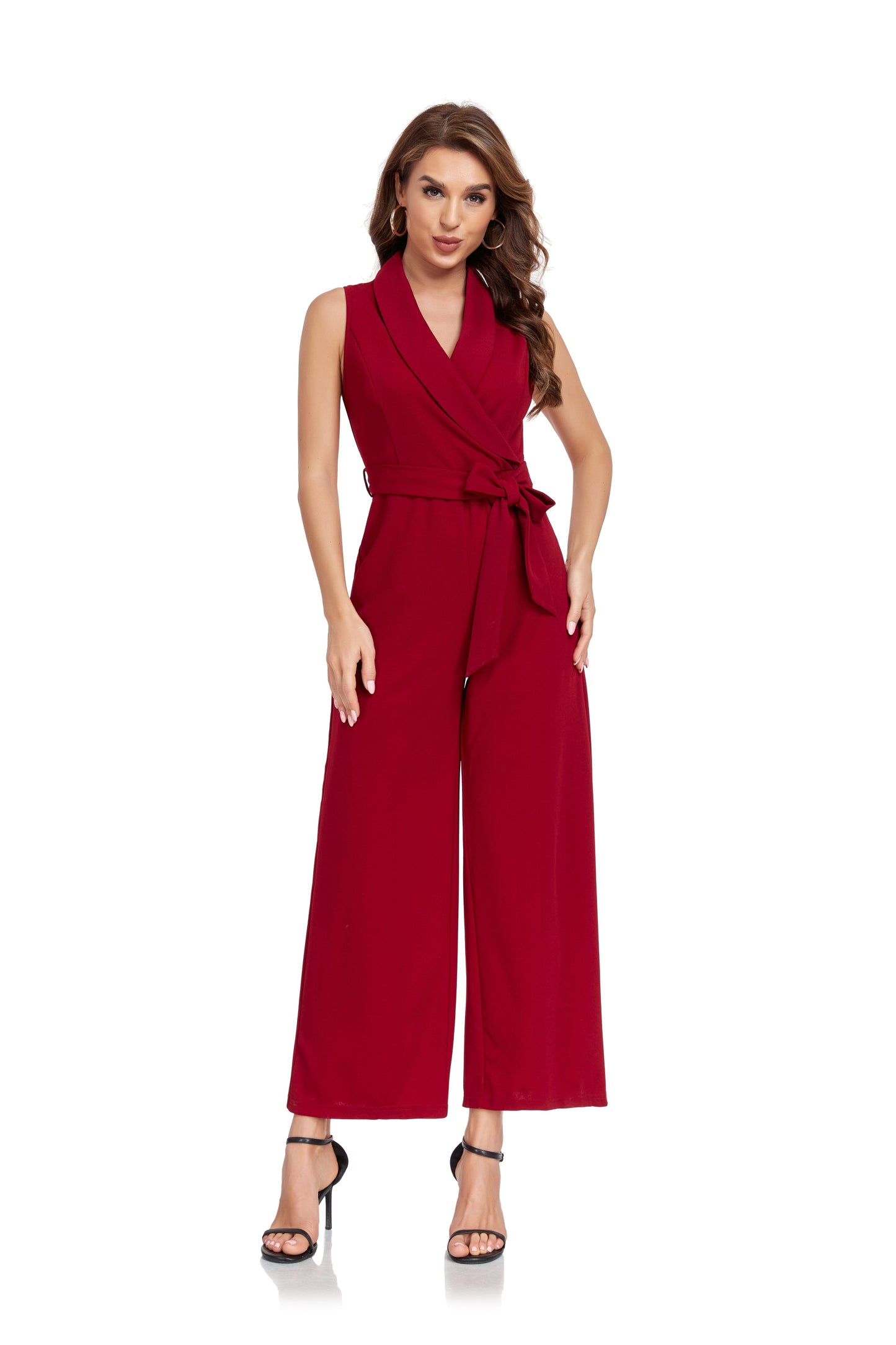 ly1382 Burgundy Women’s Sleeveless High Waist Wide Leg  Romper