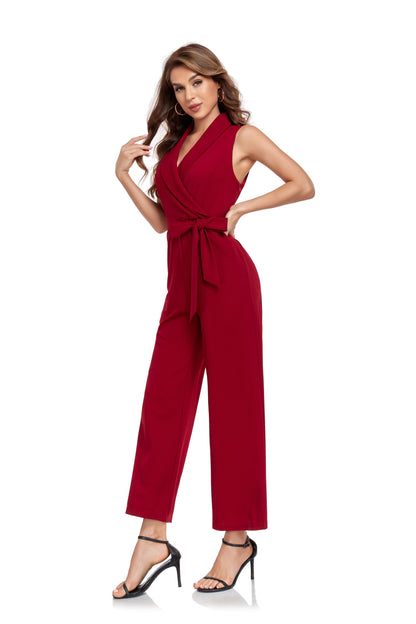 ly1382 Burgundy Women’s Sleeveless High Waist Wide Leg  Romper