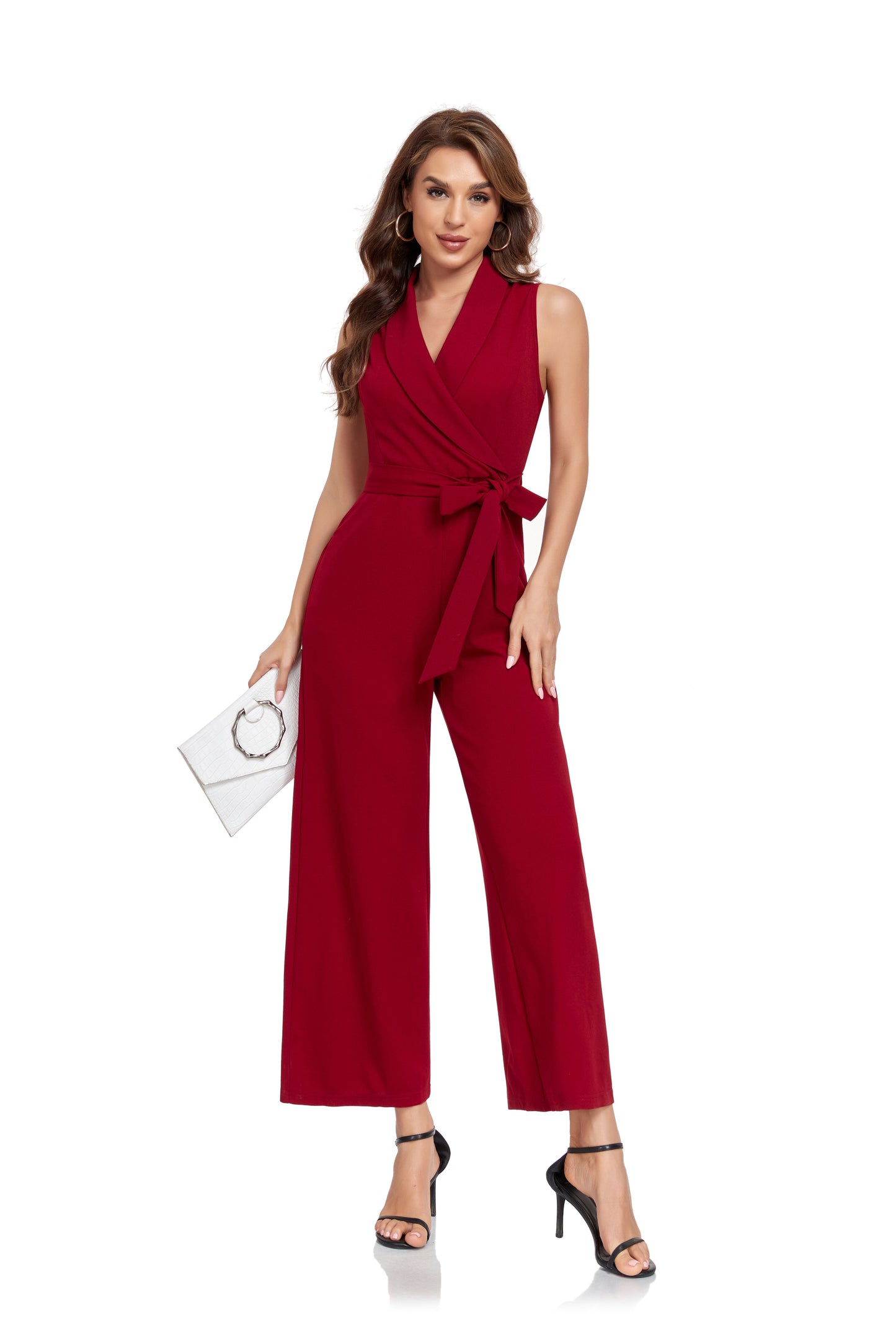 Burgundy Women’s Sleeveless High Waist Wide Leg  Romper