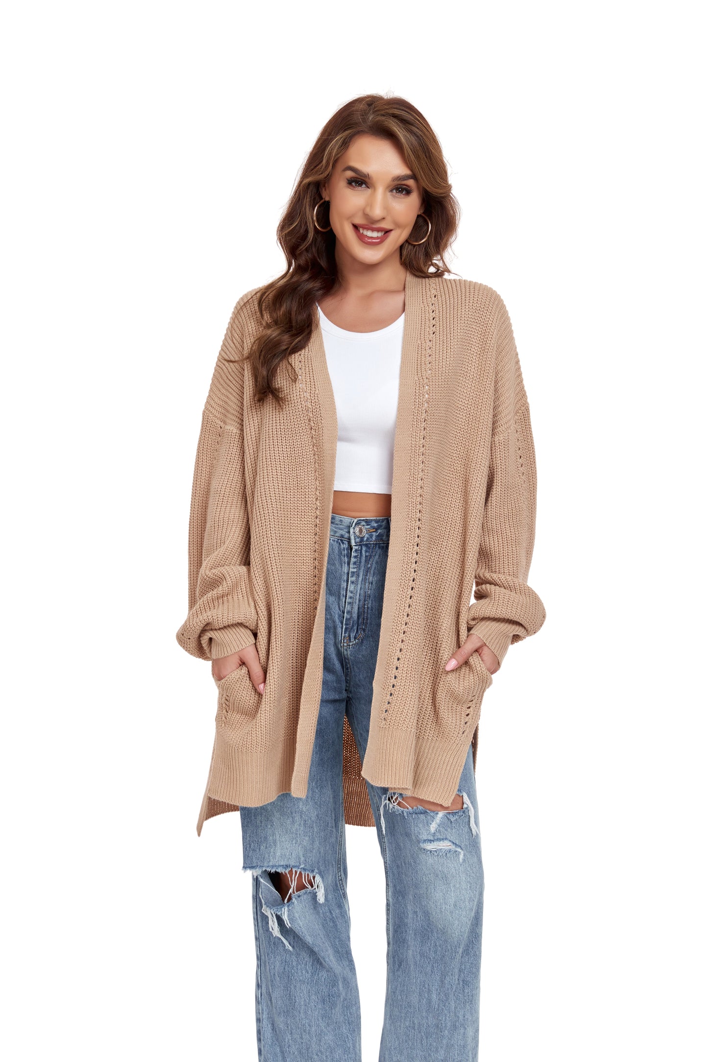 ly1395 Khaki Long Sleeve Front Cardigan