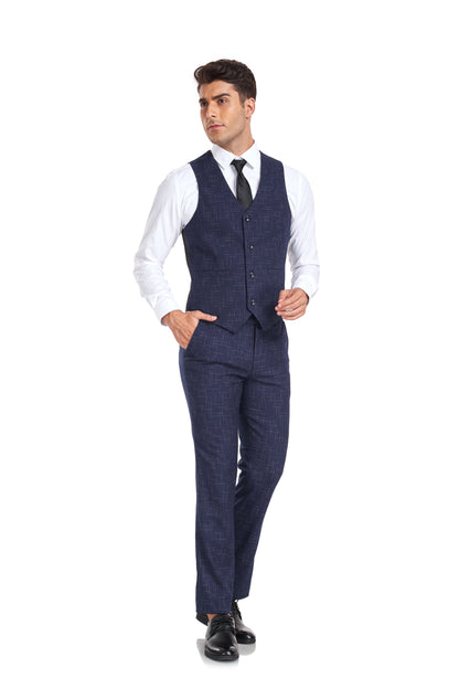 ly1350 Navy Plaid Double Breasted Men's 3 Piece Slim Fit Suit