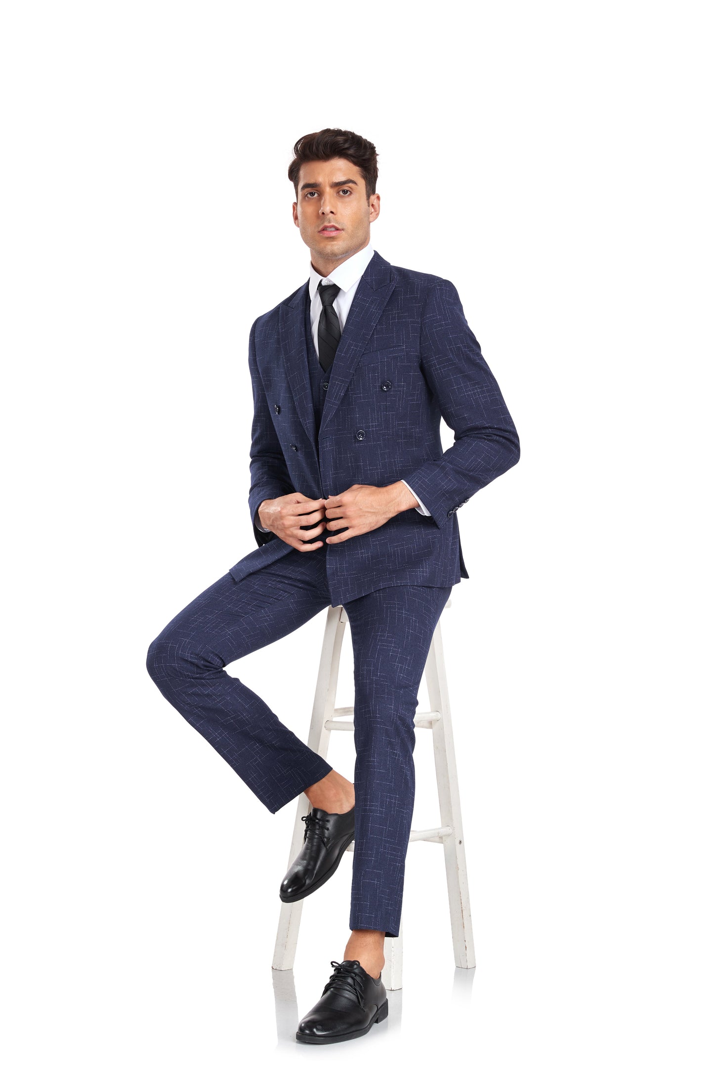 ly1350 Navy Plaid Double Breasted Men's 3 Piece Slim Fit Suit