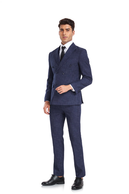 ly1350 Navy Plaid Double Breasted Men's 3 Piece Slim Fit Suit