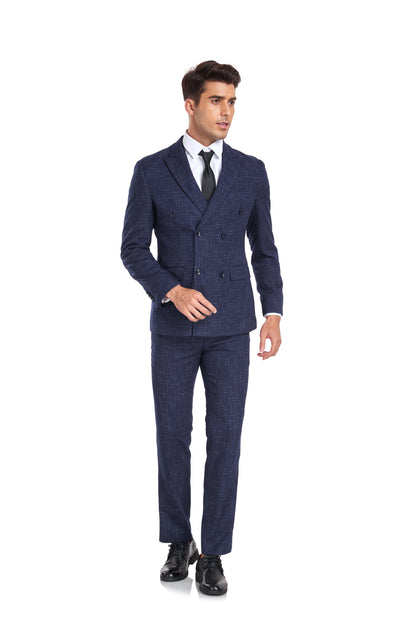 ly1350 Navy Plaid Double Breasted Men's 3 Piece Slim Fit Suit