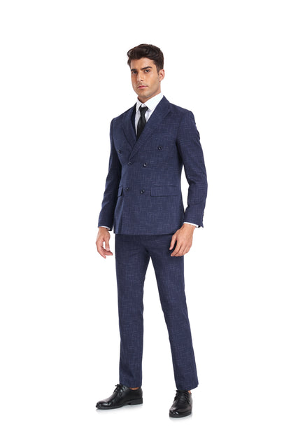 ly1350 Navy Plaid Double Breasted Men's 3 Piece Slim Fit Suit