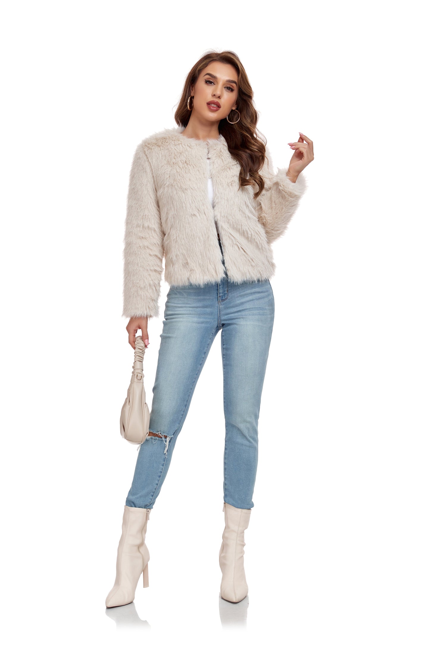 Beige Winter Coats Fleece Cropped Jacket