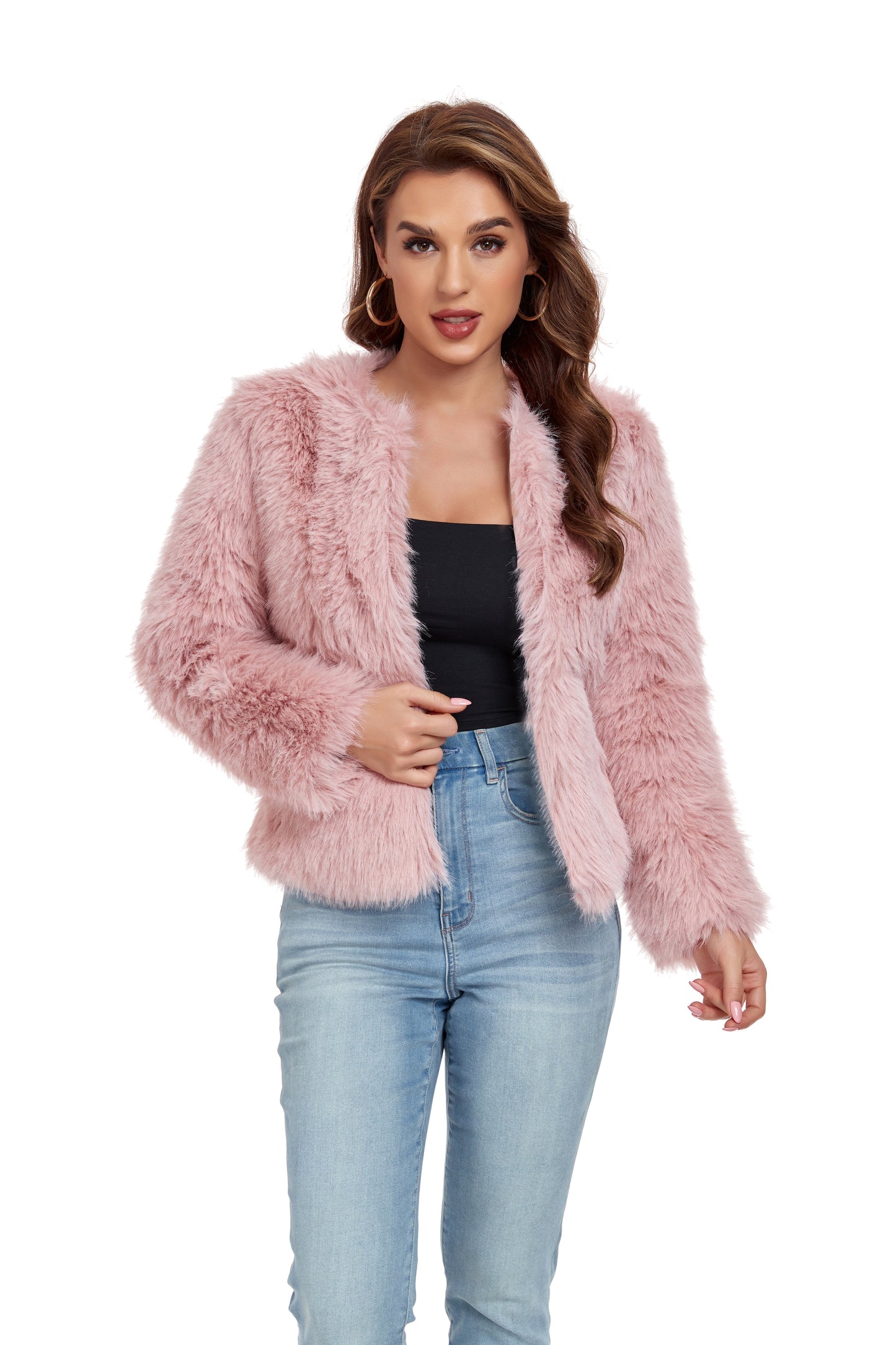 ly1390 Pink Winter Coats Fleece Cropped Jacket