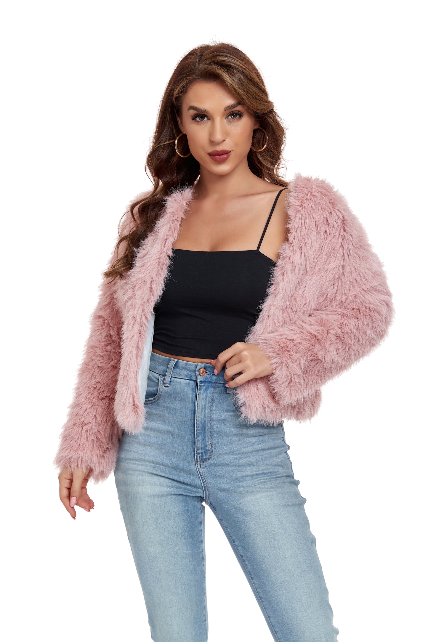 ly1390 Pink Winter Coats Fleece Cropped Jacket