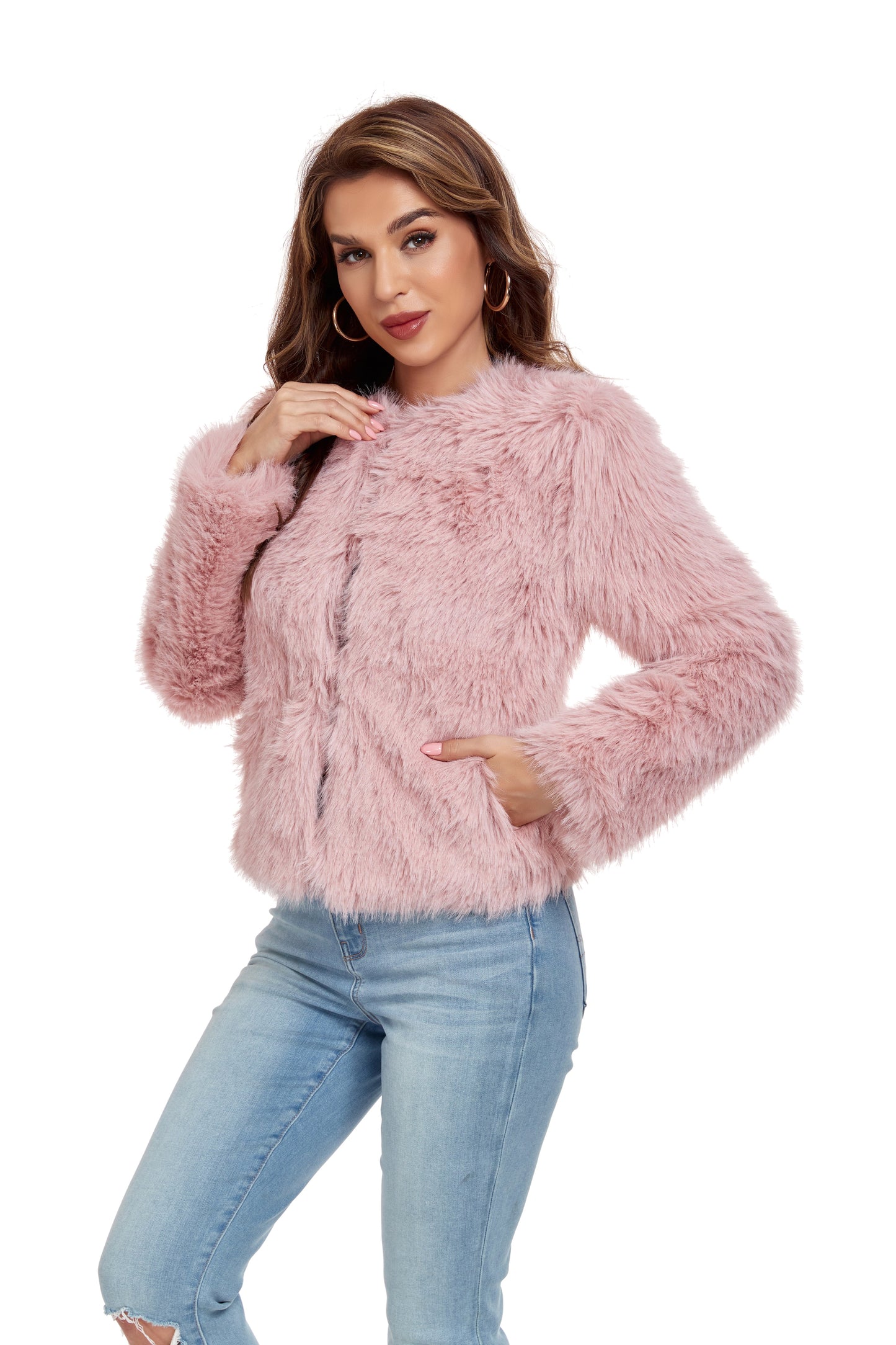 ly1390 Pink Winter Coats Fleece Cropped Jacket