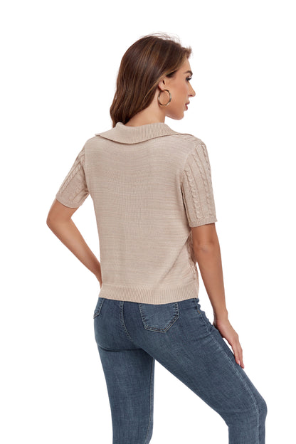 ly1388 Khaki Short Sleeve Collared Sweater