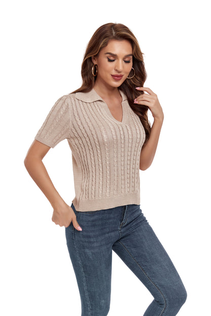 ly1388 Khaki Short Sleeve Collared Sweater