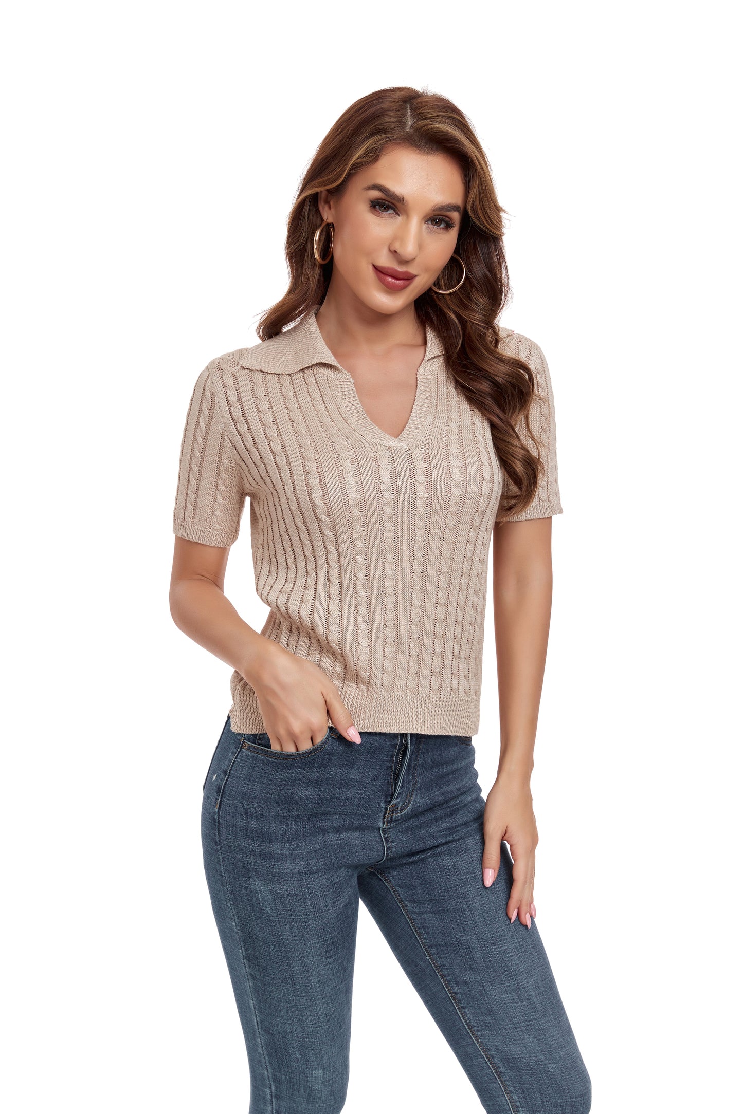 ly1388 Khaki Short Sleeve Collared Sweater