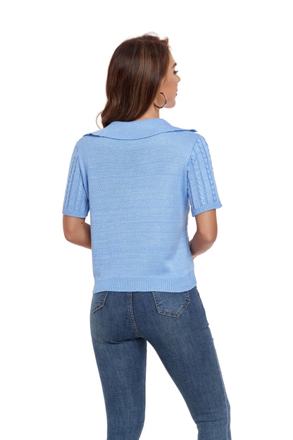 ly1387 Blue Short Sleeve Collared Sweater