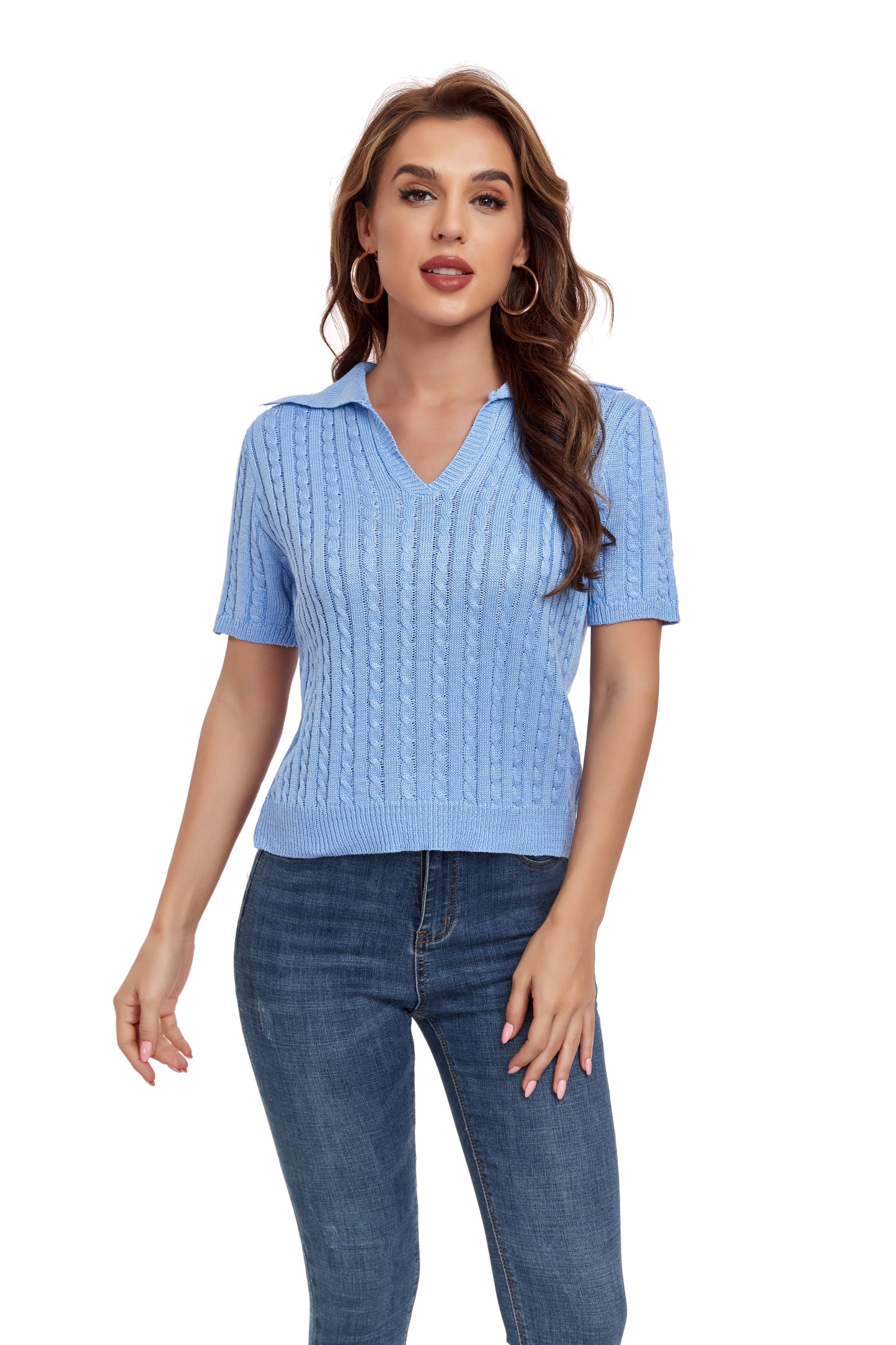 ly1387 Blue Short Sleeve Collared Sweater