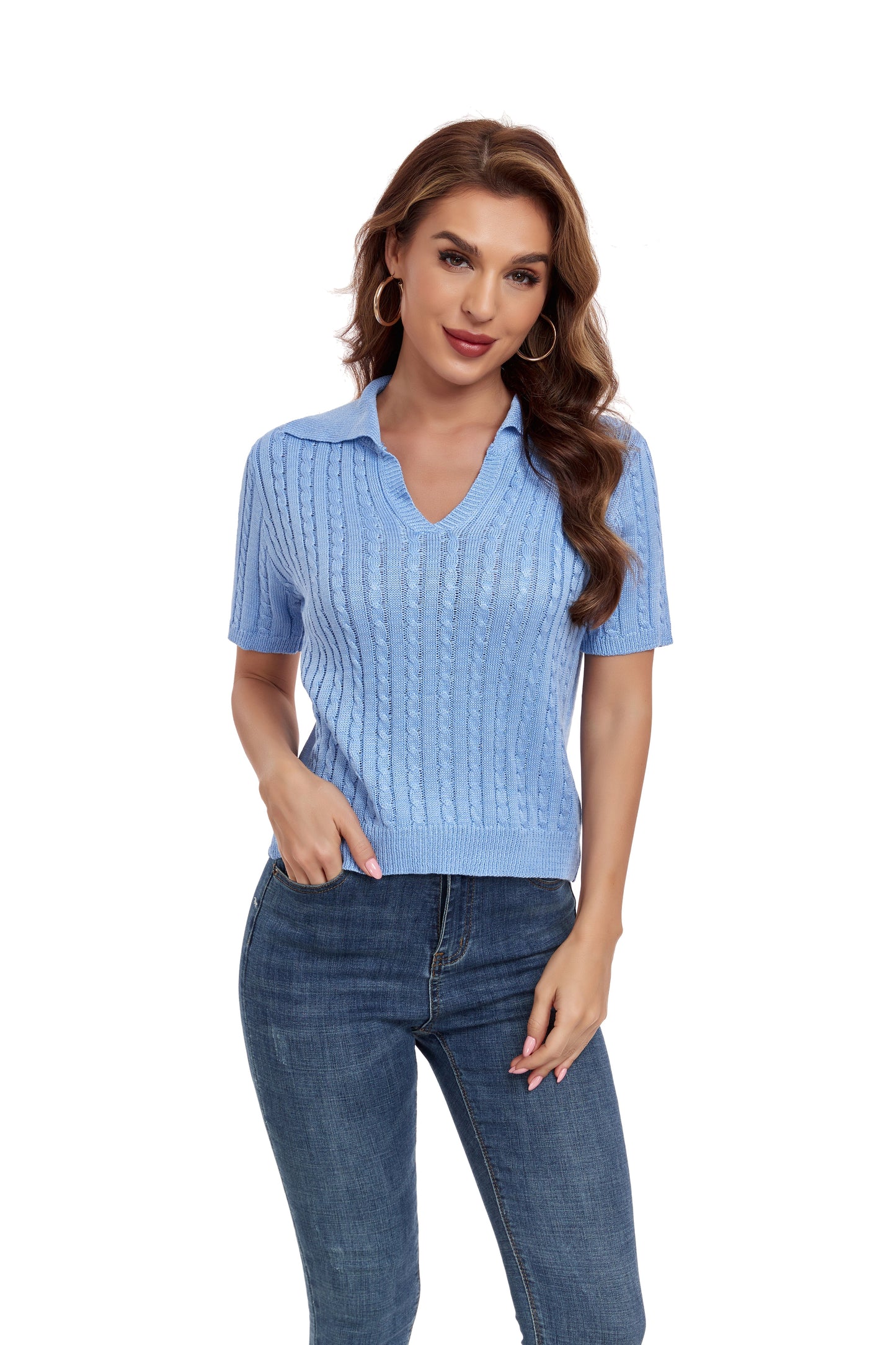 ly1387 Blue Short Sleeve Collared Sweater