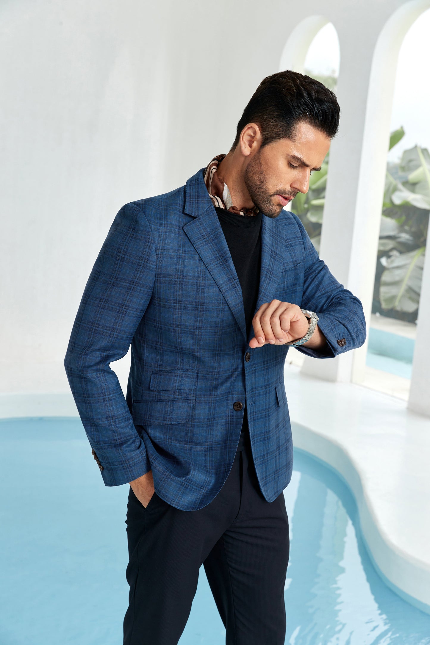 ly1052 Blue Plaid Men's Two Button Blazer