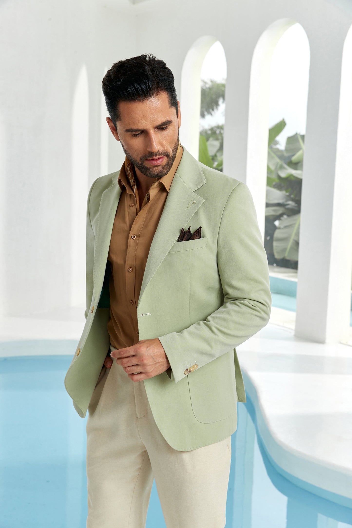 ly1050 Green Solid Color Men's Two Button Blazer