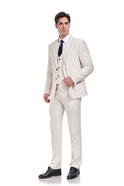 ly1178 Beige Retro Linen Beach Wedding Summer 3 Pieces Men Suits