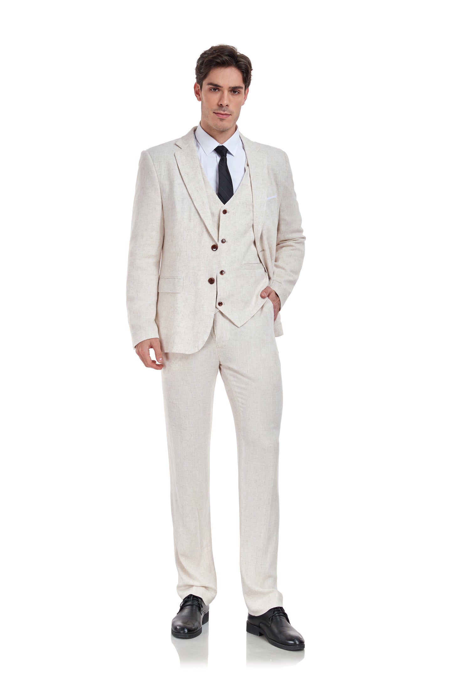 ly1178 Beige Retro Linen Beach Wedding Summer 3 Pieces Men Suits