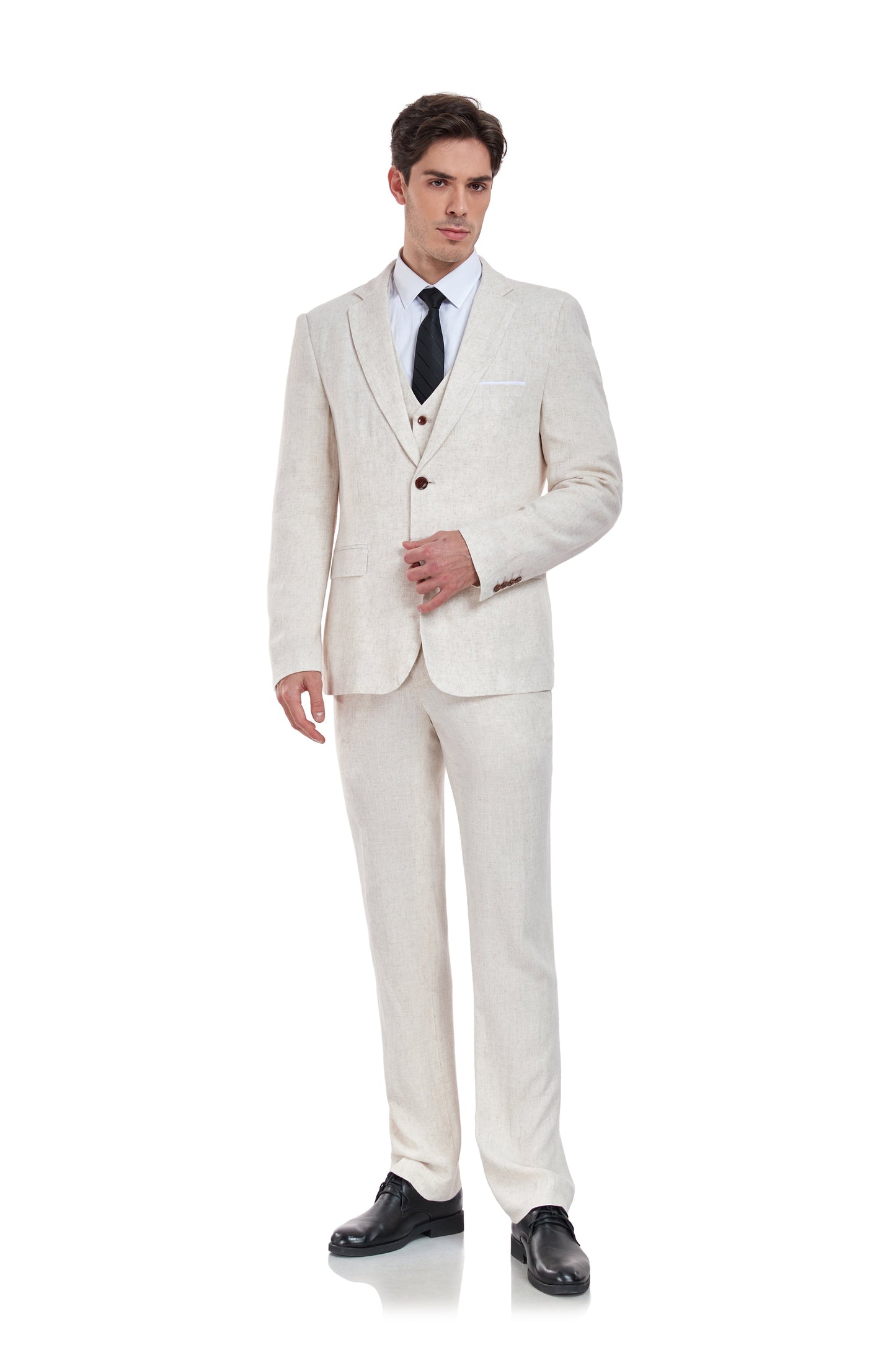 ly1178 Beige Retro Linen Beach Wedding Summer 3 Pieces Men Suits