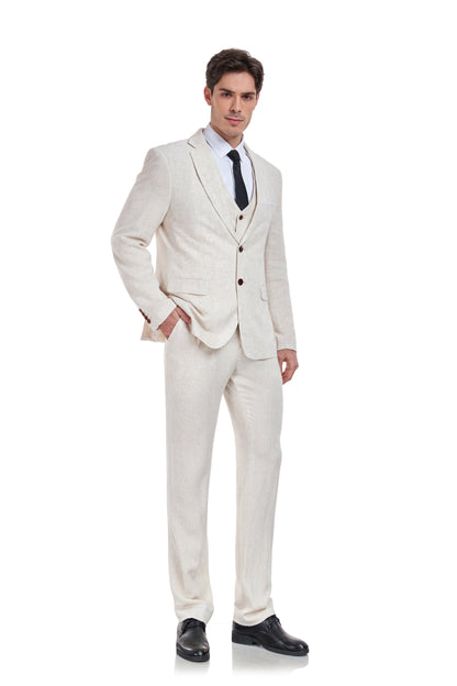 ly1178 Beige Retro Linen Beach Wedding Summer 3 Pieces Men Suits