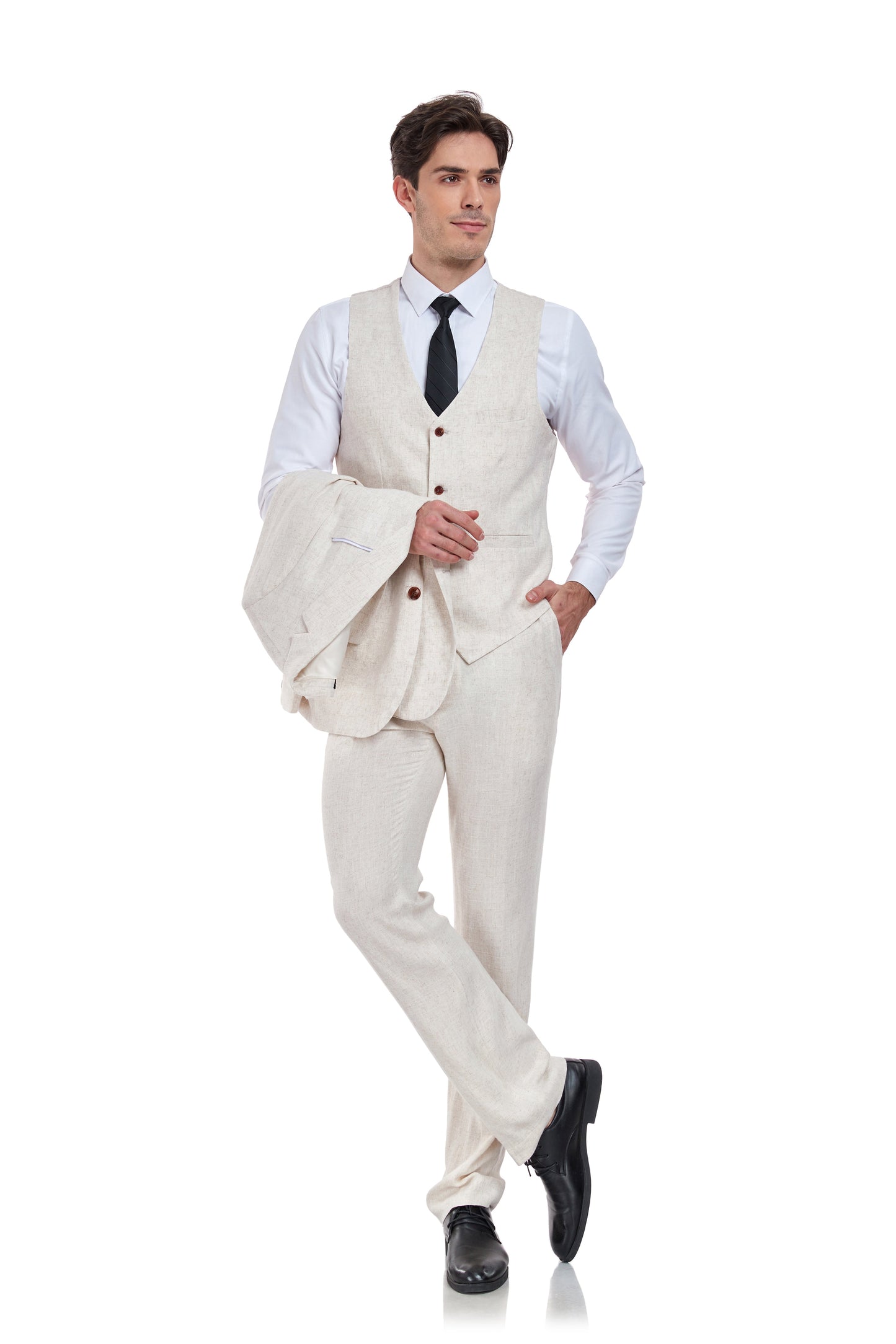 ly1178 Beige Retro Linen Beach Wedding Summer 3 Pieces Men Suits