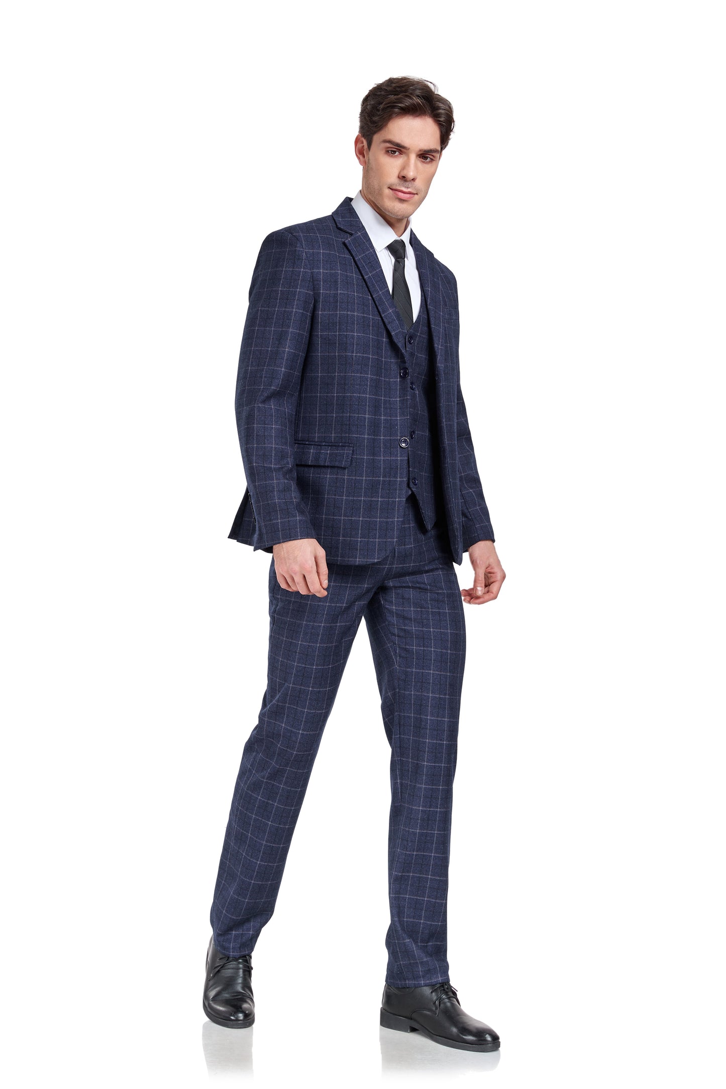 ly1322 Navy Plaid Men's 3 Piece Slim Fit Suit Set