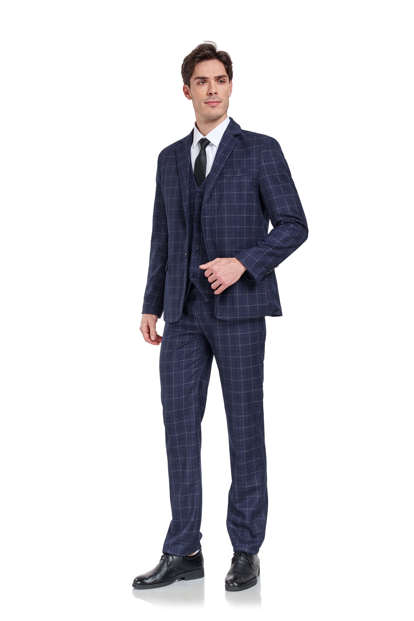 Navy Plaid Men's 3 Piece Slim Fit Suit Set