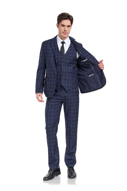 ly1322 Navy Plaid Men's 3 Piece Slim Fit Suit Set