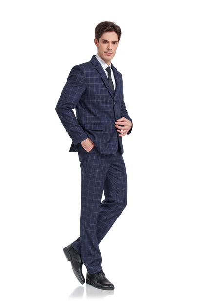 ly1322 Navy Plaid Men's 3 Piece Slim Fit Suit Set