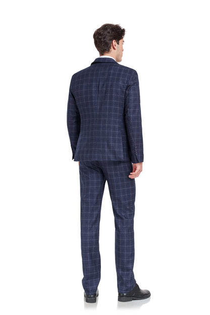 ly1322 Navy Plaid Men's 3 Piece Slim Fit Suit Set