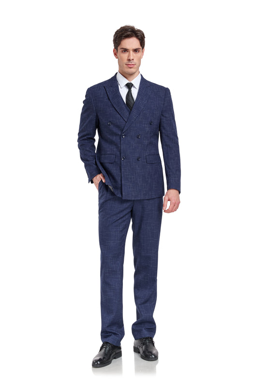 Navy Plaid Men's 3 Piece Slim Fit Suit Set