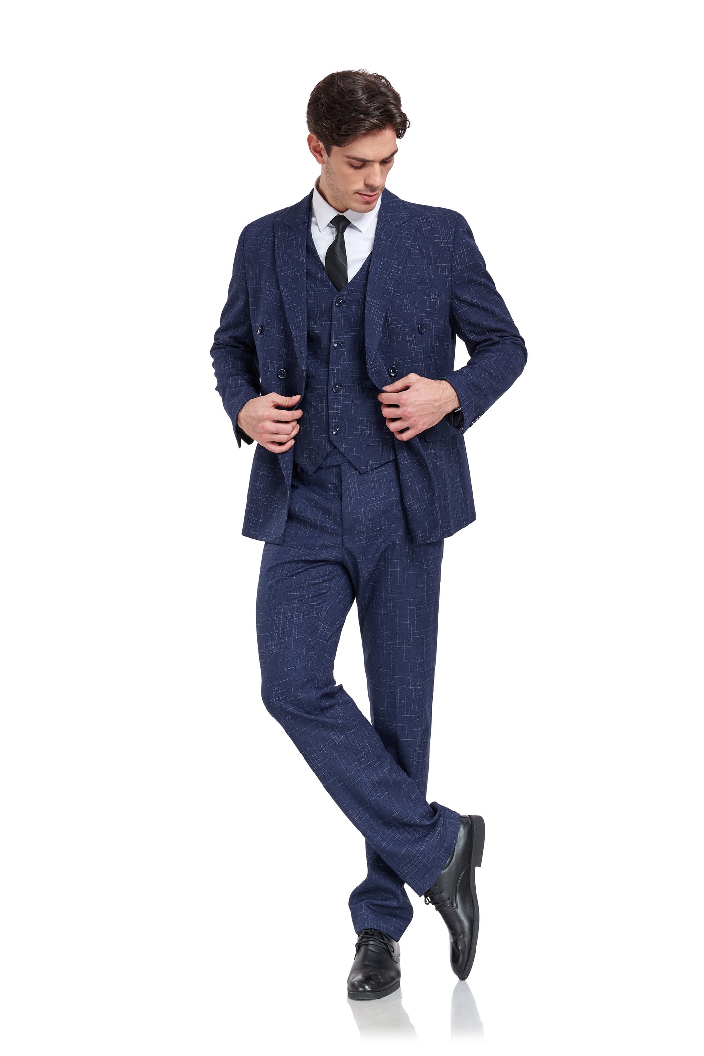 ly1336 Navy Plaid Double Breasted Slim Fit Men's 3 Piece Suit