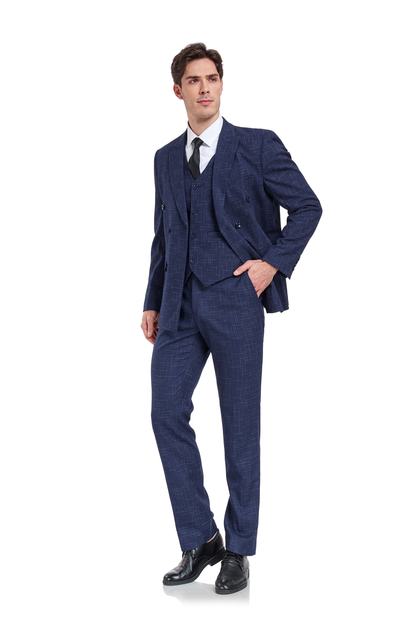 ly1336 Navy Plaid Double Breasted Slim Fit Men's 3 Piece Suit