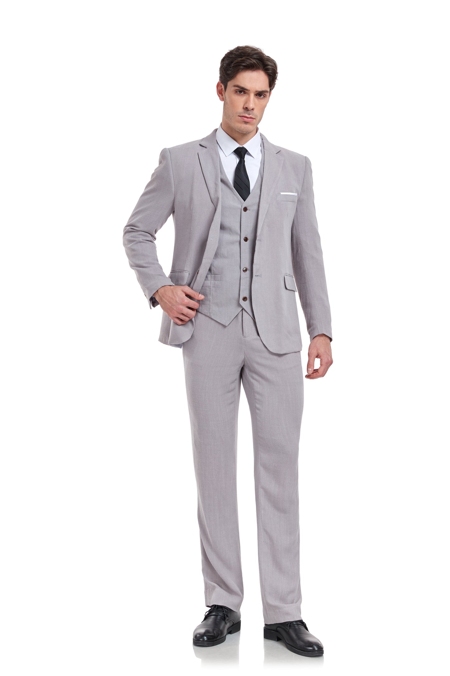 ly1177 Grey Retro Linen Beach Wedding Summer 3 Pieces Men Suits