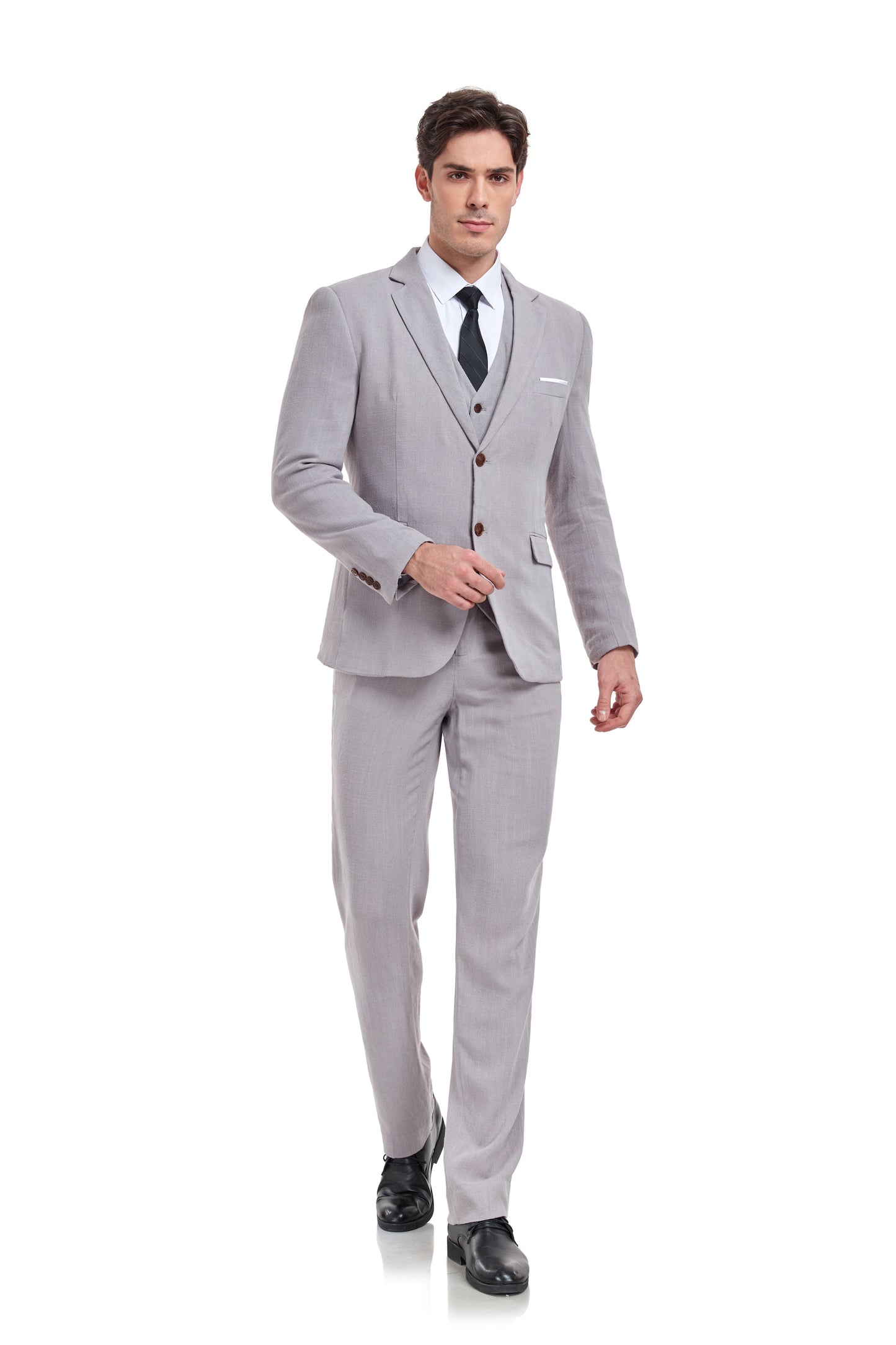 ly1177 Grey Retro Linen Beach Wedding Summer 3 Pieces Men Suits