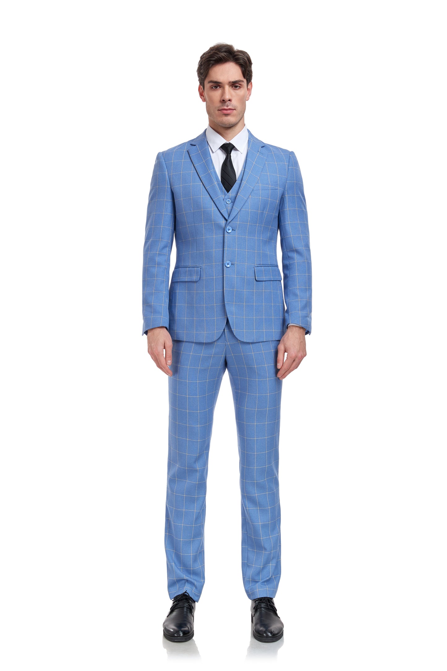 ly1323 Light Blue Plaid Men's 3 Piece Slim Fit Suit Set