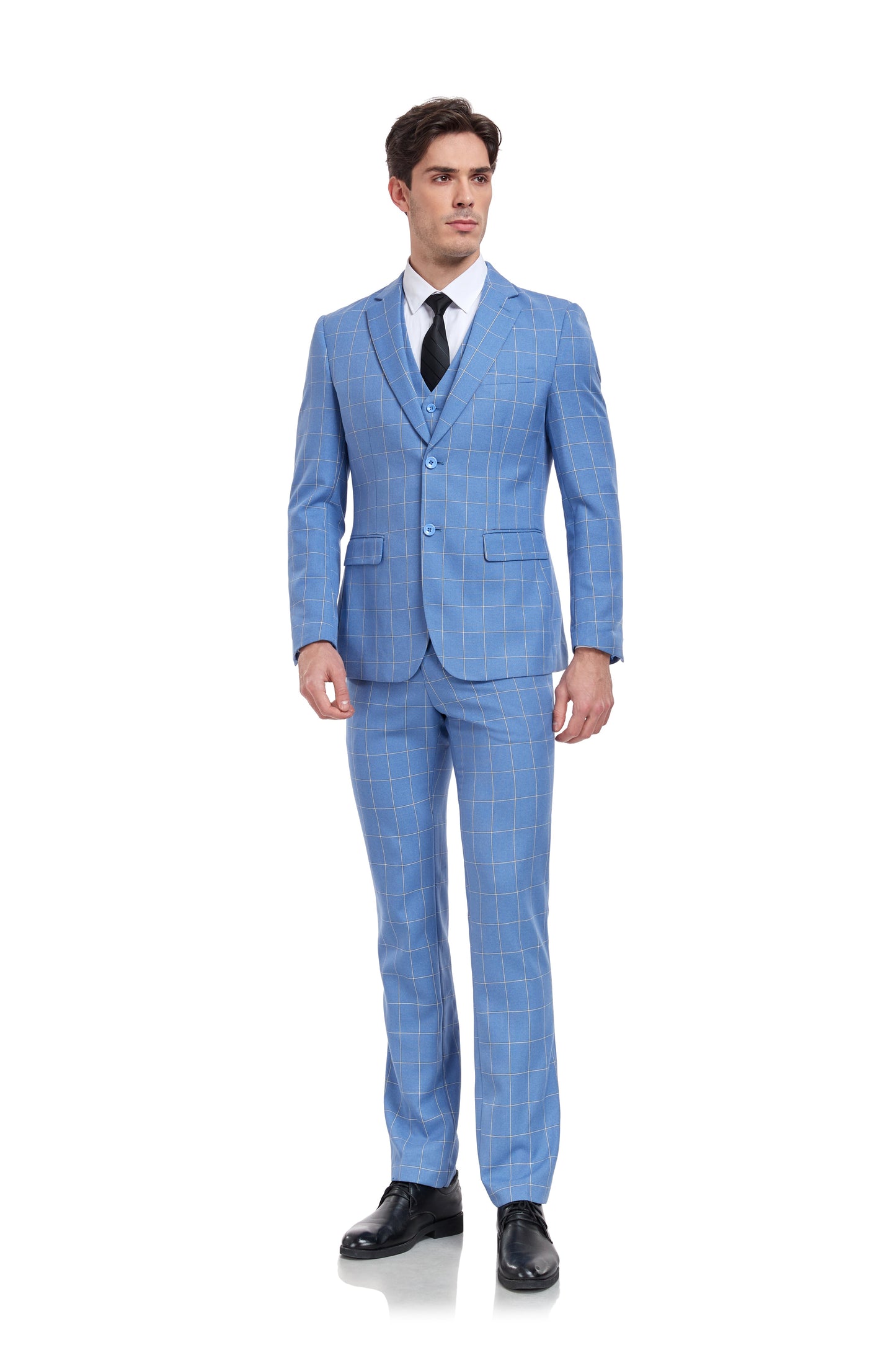 Light Blue Plaid Men's 3 Piece Slim Fit Suit Set