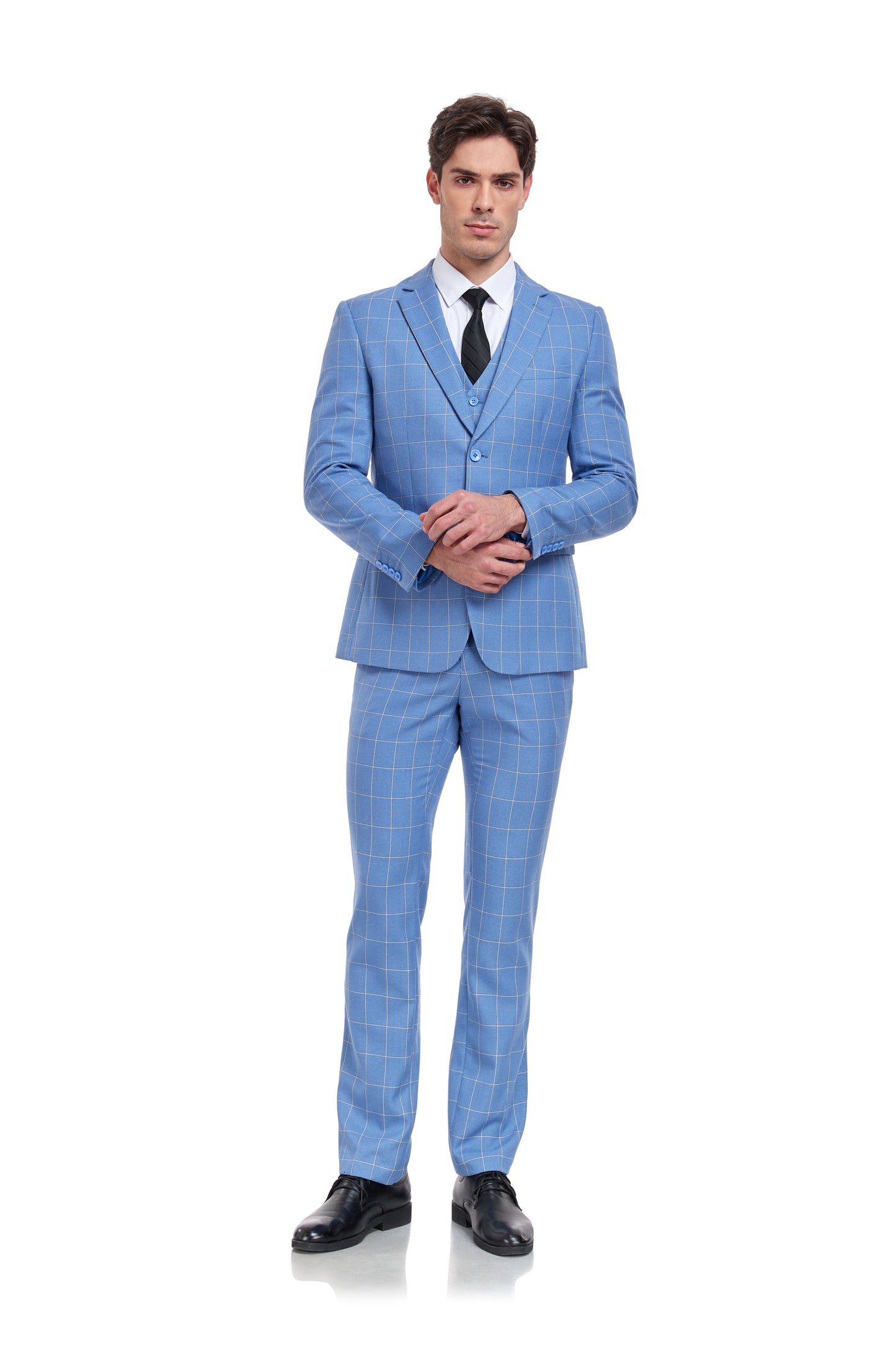 ly1323 Light Blue Plaid Men's 3 Piece Slim Fit Suit Set