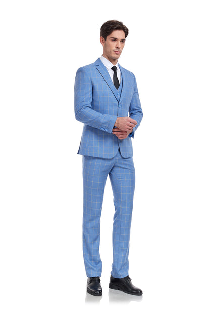 ly1323 Light Blue Plaid Men's 3 Piece Slim Fit Suit Set